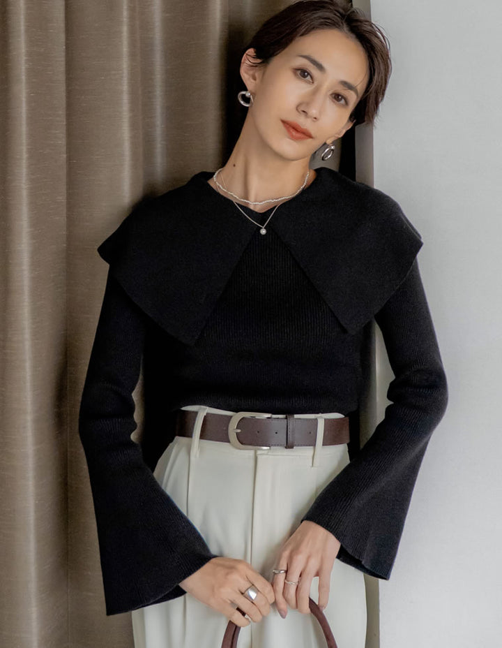 【クーポンで20%OFF￥3,747⇒￥2,997】〖クーポンコード：SH_20_2511〗ビッグカラーフレアスリーブ配色or無地リブニットプルオーバー