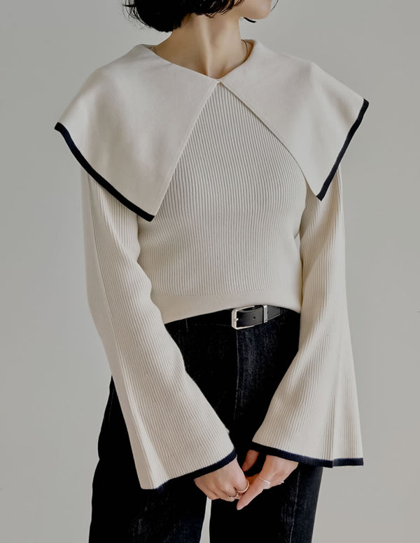 【クーポンで20%OFF￥3,747⇒￥2,998】〖クーポンコード：SH_20_251024〗ビッグカラーフレアスリーブ配色or無地リブニットプルオーバー