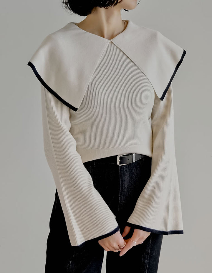 【クーポンで20%OFF￥3,747⇒￥2,997】〖クーポンコード：SH_20_2511〗ビッグカラーフレアスリーブ配色or無地リブニットプルオーバー