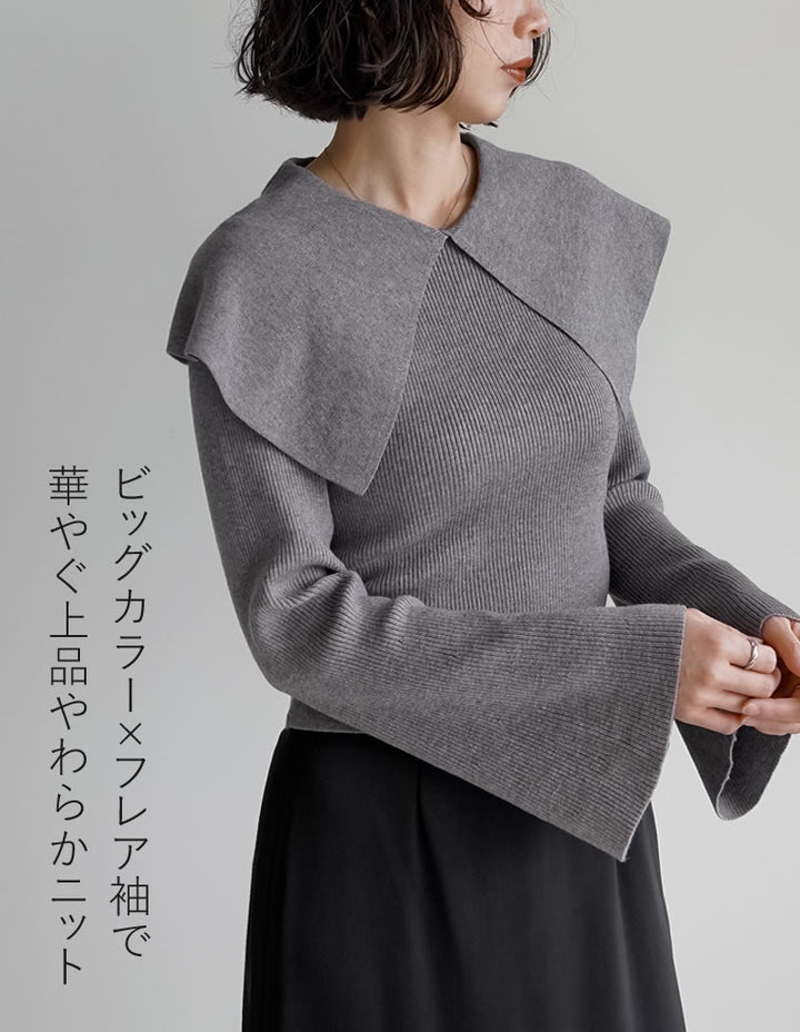 【クーポンで20%OFF￥3,747⇒￥2,997】〖クーポンコード：SH_20_2511〗ビッグカラーフレアスリーブ配色or無地リブニットプルオーバー