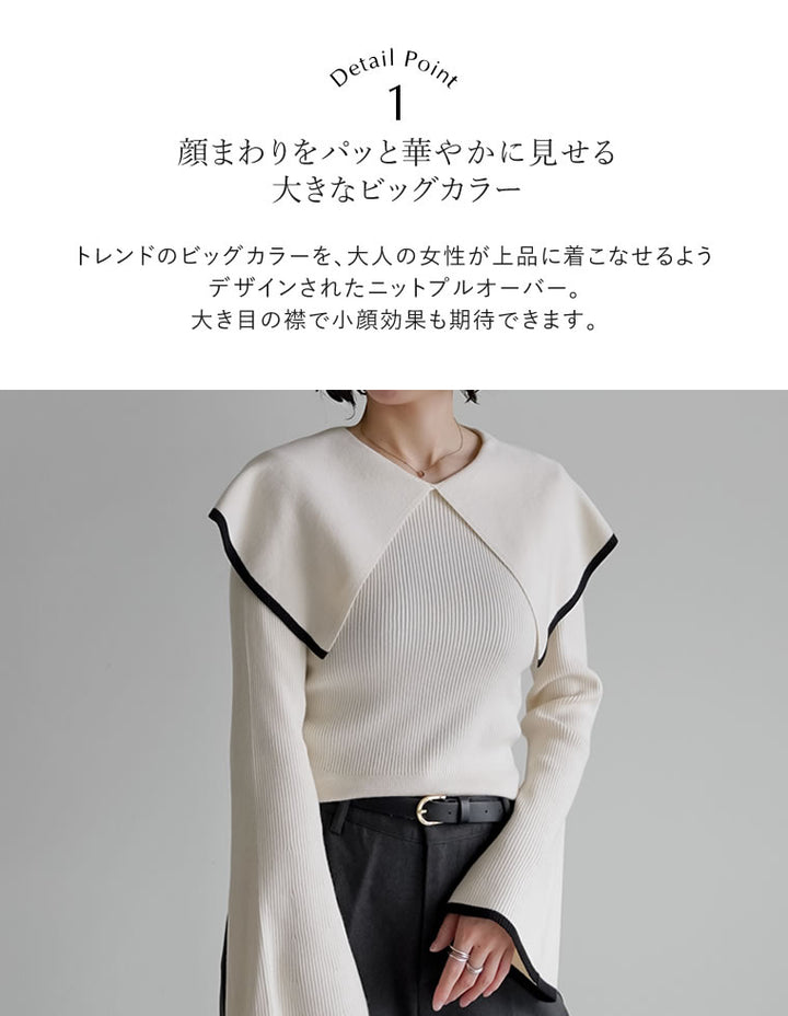 【クーポンで20%OFF￥3,747⇒￥2,997】〖クーポンコード：SH_20_2511〗ビッグカラーフレアスリーブ配色or無地リブニットプルオーバー