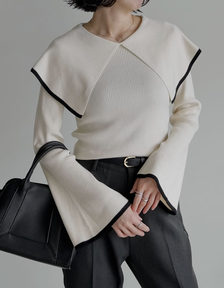 【クーポンで20%OFF￥3,747⇒￥2,997】〖クーポンコード：SH_20_2511〗ビッグカラーフレアスリーブ配色or無地リブニットプルオーバー