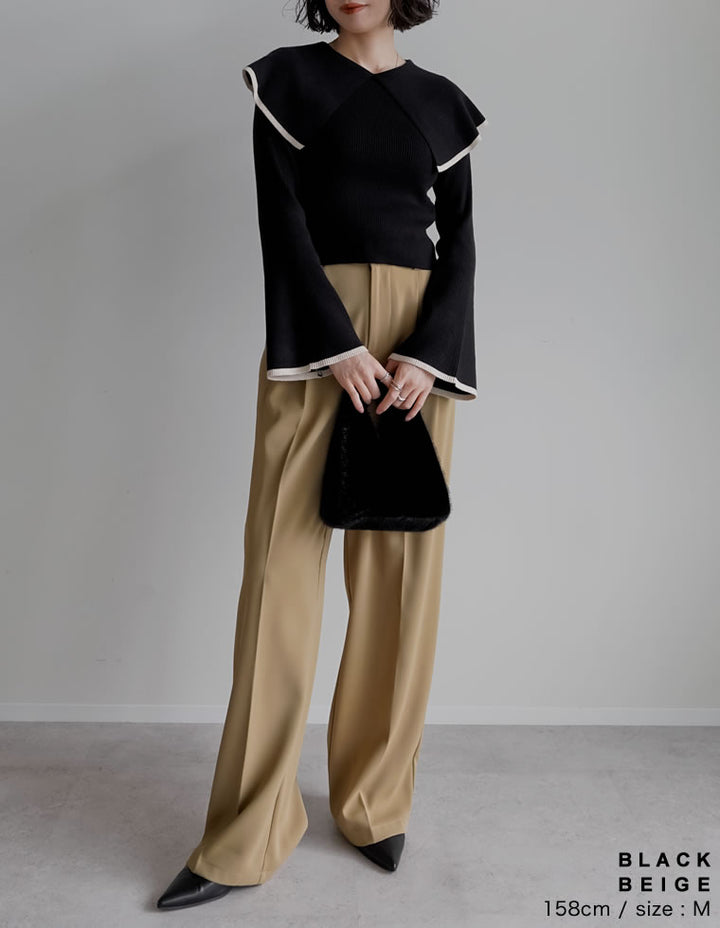 【クーポンで20%OFF￥3,747⇒￥2,997】〖クーポンコード：SH_20_2511〗ビッグカラーフレアスリーブ配色or無地リブニットプルオーバー