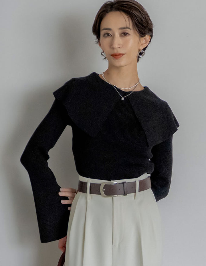 【クーポンで20%OFF￥3,747⇒￥2,997】〖クーポンコード：SH_20_2511〗ビッグカラーフレアスリーブ配色or無地リブニットプルオーバー