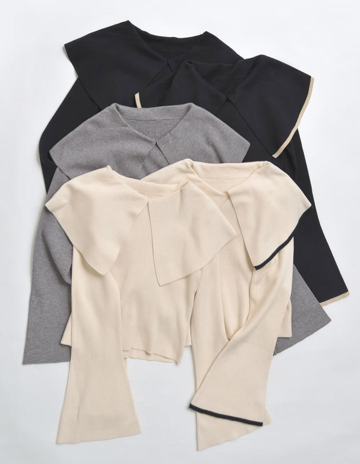 【クーポンで20%OFF￥3,747⇒￥2,997】〖クーポンコード：SH_20_2511〗ビッグカラーフレアスリーブ配色or無地リブニットプルオーバー