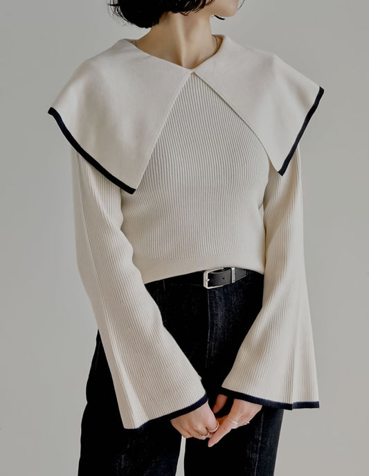 【クーポンで20%OFF￥3,747⇒￥2,997】〖クーポンコード：SH_20_2511〗ビッグカラーフレアスリーブ配色or無地リブニットプルオーバー トップス 人気レディースファッション通販 リエディ