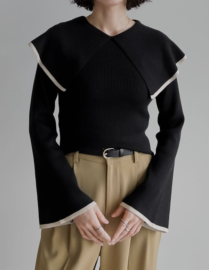 【クーポンで20%OFF￥3,747⇒￥2,997】〖クーポンコード：SH_20_2511〗ビッグカラーフレアスリーブ配色or無地リブニットプルオーバー