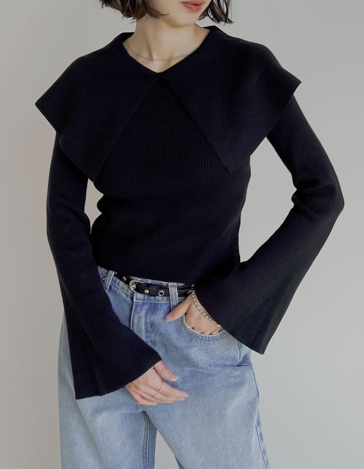 【クーポンで20%OFF￥3,747⇒￥2,997】〖クーポンコード：SH_20_2511〗ビッグカラーフレアスリーブ配色or無地リブニットプルオーバー