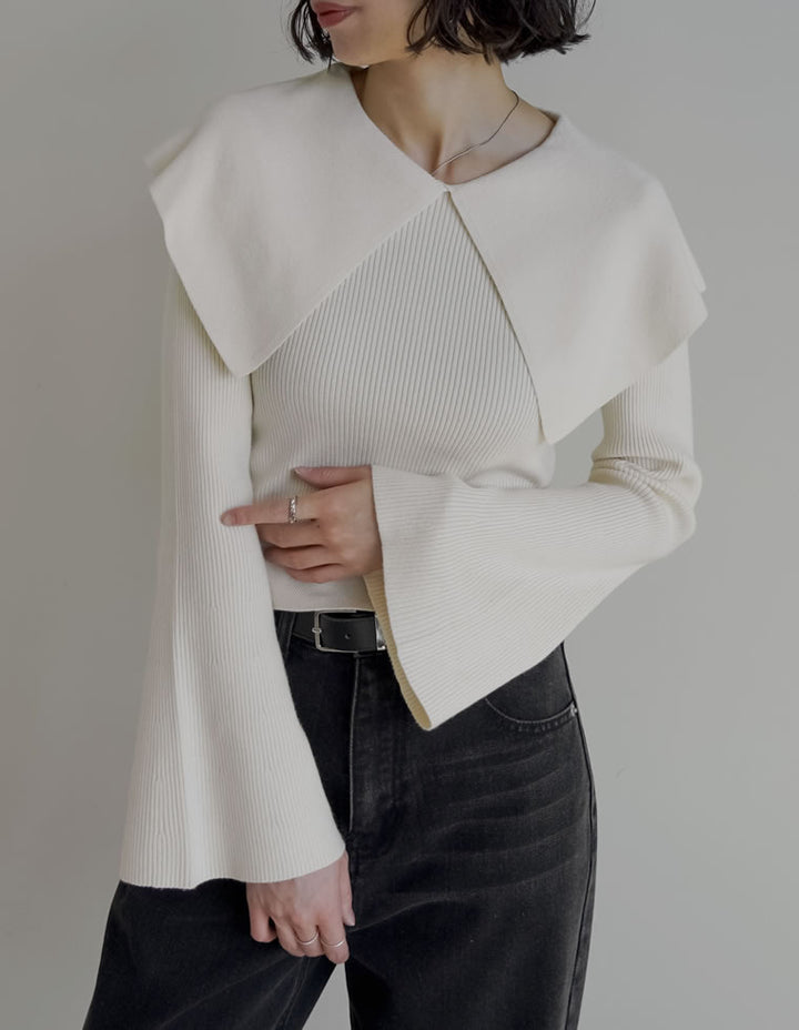 【クーポンで20%OFF￥3,747⇒￥2,997】〖クーポンコード：SH_20_2511〗ビッグカラーフレアスリーブ配色or無地リブニットプルオーバー