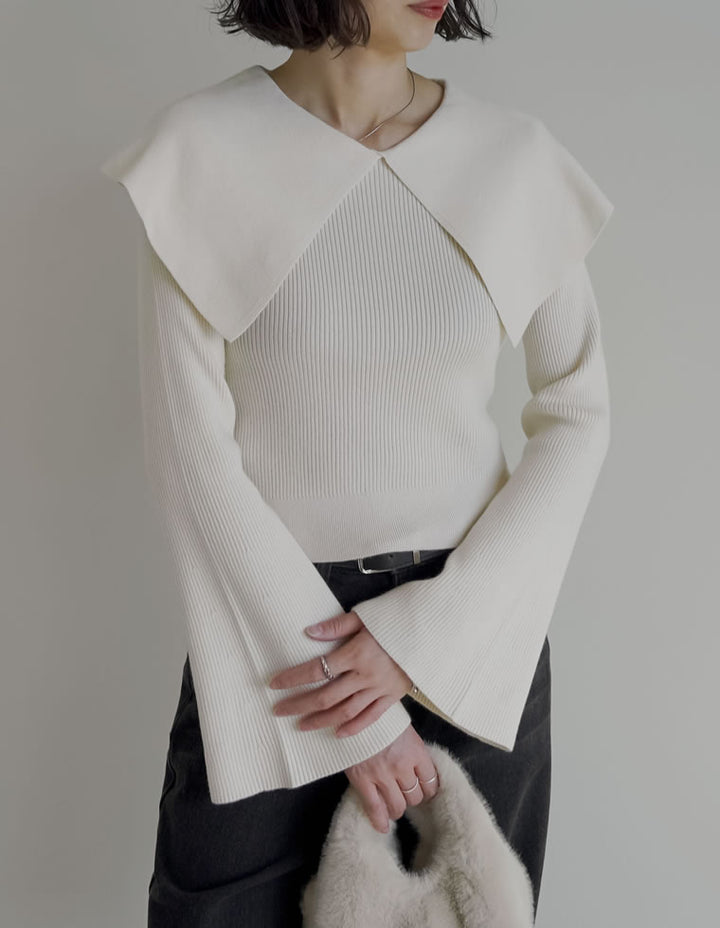 【クーポンで20%OFF￥3,747⇒￥2,997】〖クーポンコード：SH_20_2511〗ビッグカラーフレアスリーブ配色or無地リブニットプルオーバー