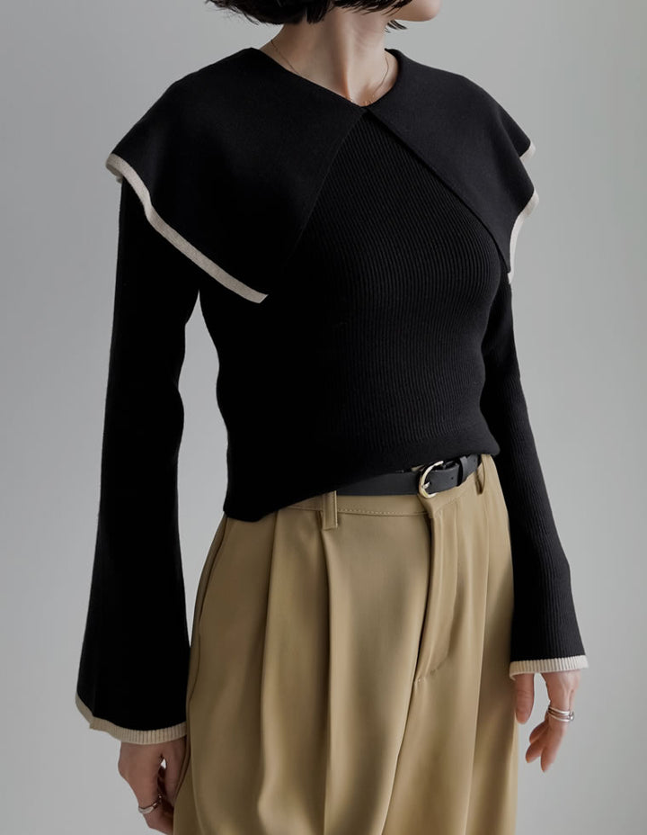 【クーポンで20%OFF￥3,747⇒￥2,997】〖クーポンコード：SH_20_2511〗ビッグカラーフレアスリーブ配色or無地リブニットプルオーバー