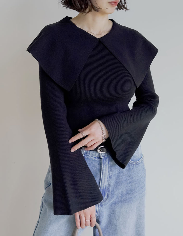 【クーポンで20%OFF￥3,747⇒￥2,997】〖クーポンコード：SH_20_2511〗ビッグカラーフレアスリーブ配色or無地リブニットプルオーバー