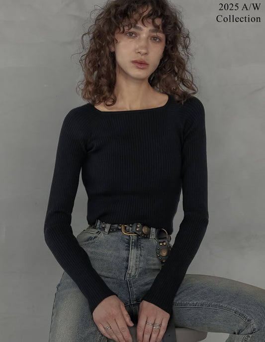 【クーポンで20%OFF ¥3,498⇒¥2,798 】〖クーポンコード：SH_20_2510〗[2025AW COLLECTION]スクエアネックリブニットトップス