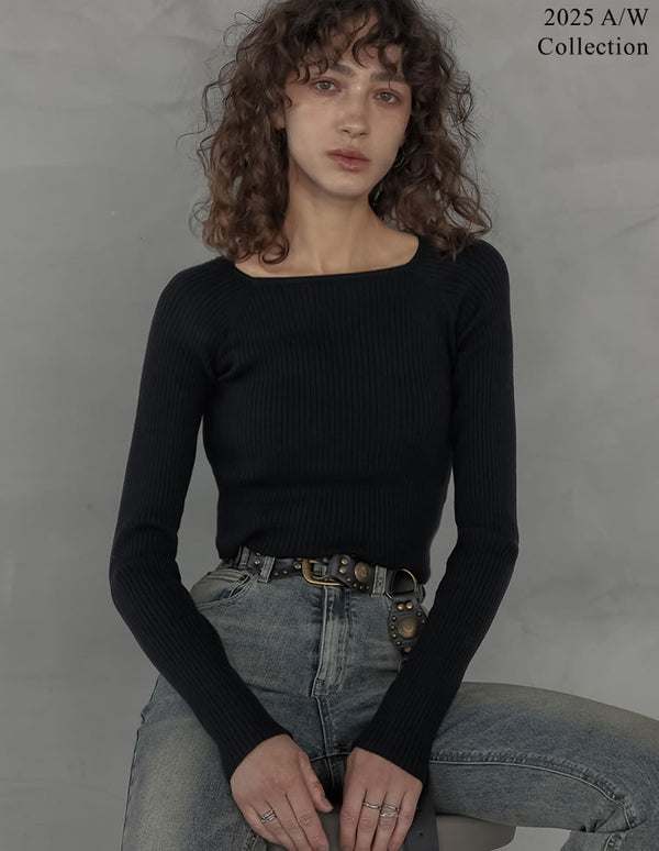 【クーポンで20%OFF ¥3,498⇒¥2,798 】〖クーポンコード：SH_20_2510〗[2025AW COLLECTION]スクエアネックリブニットトップス