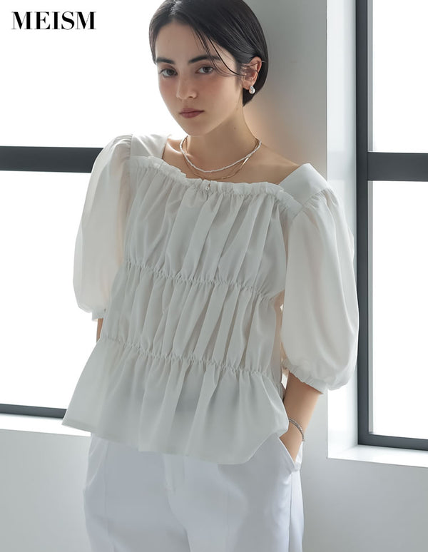 【MEISM PRE ORDER 20%OFFクーポン対象】[2025SS PRE ORDER][MEISM by Re:EDIT]クレープシャーリングパフスリーブ六分袖ブラウス