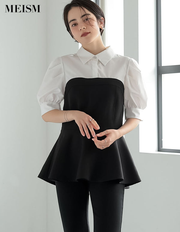 【MEISM PRE ORDER 20%OFFクーポン対象】[2025SS PRE ORDER][MEISM by Re:EDIT]異素材ドッキングペプラムシャツブラウス