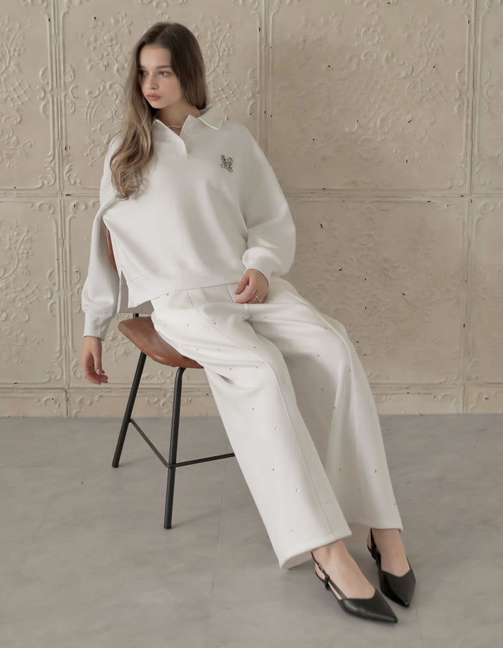[MEISM by Re:EDIT][2025AW PRE ORDER][低身長/高身長サイズ有]ダンボールラインストーンセミワイドパンツ パンツ 人気レディースファッション通販 リエディ