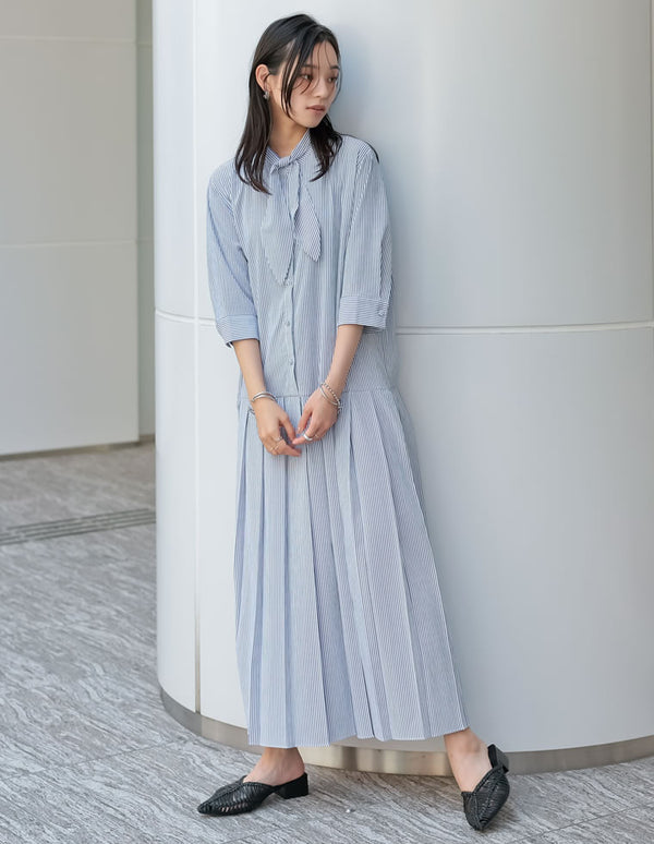 《今だけ！2BUY15%OFFクーポンで ¥5,398⇒¥4,588》【SUMMER TIMESALE 10%OFF】[低身長サイズ有][2点セット]スカーフ付き無地orストライプデシン生地シャツワンピース
