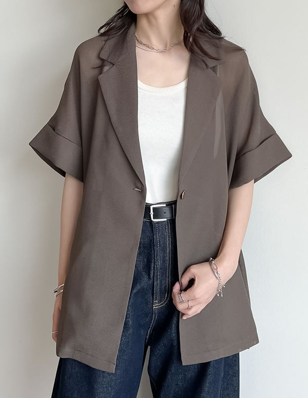 【限定TIME SALE 15%OFF ¥6,498⇒¥5,523】鹿の子メッシュ金釦テーラード半袖ジャケット[mb]