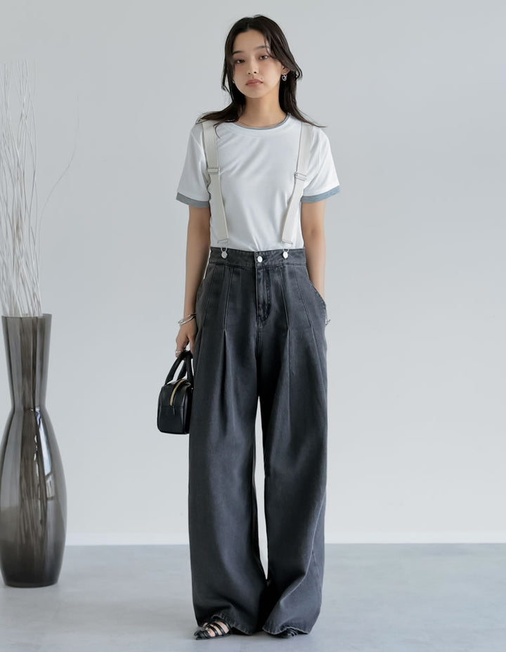 【TIME SALE 20%OFF ¥6,998⇒¥5,598】[低身長/高身長サイズ有]サスペンダー付きツータックワイドデニムパンツ パンツ 人気レディースファッション通販 リエディ
