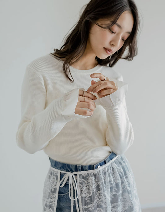 【TIME SALE 15%OFF】袖オーガンジーフリルニットトップス