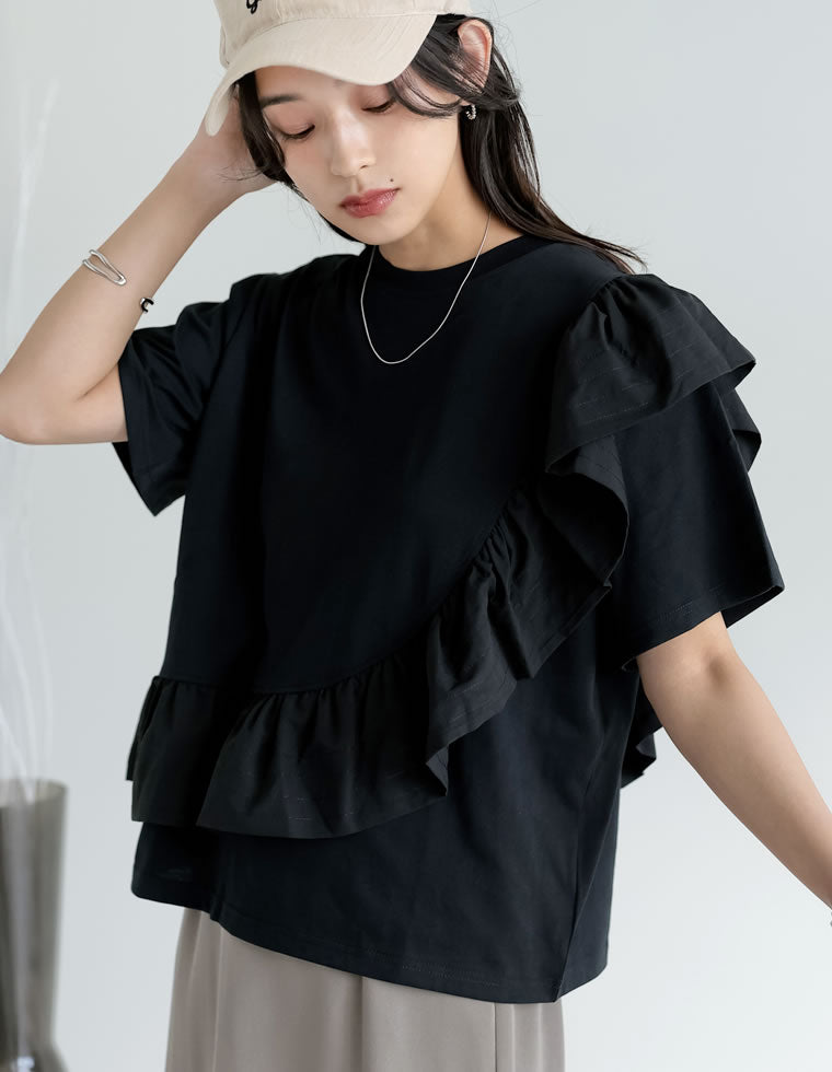専用eimyフリルドッキングTシャツ  黒♡ 異素材フリルドッキングTシャツ - トップス通販 | 人気レディース