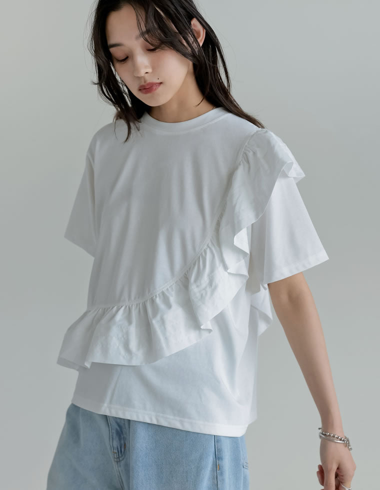 新品antiqua華奢見え異素材半袖フリルドッキングTシャツ チュールカットソー 新品antiqua華奢見え異素材半袖フリルドッキングTシャツ チュール