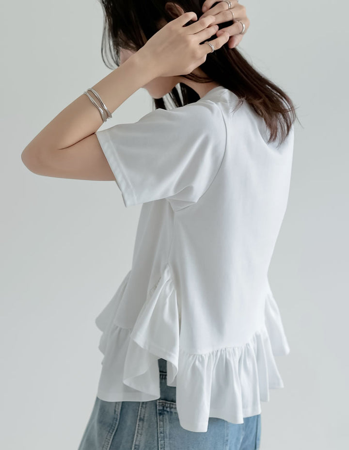 【TIME SALE 10%OFF ¥3,979⇒¥3,581】[接触冷感][UVカット]コットン天竺フリルヘムTシャツ トップス 人気レディースファッション通販 リエディ
