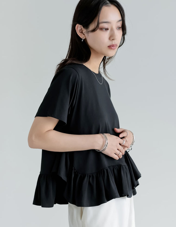 【TIME SALE 10%OFF ¥3,979⇒¥3,581】[接触冷感][UVカット]コットン天竺フリルヘムTシャツ トップス 人気レディースファッション通販 リエディ