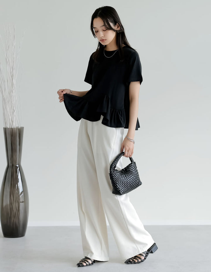 【TIME SALE 10%OFF ¥3,979⇒¥3,581】[接触冷感][UVカット]コットン天竺フリルヘムTシャツ トップス 人気レディースファッション通販 リエディ