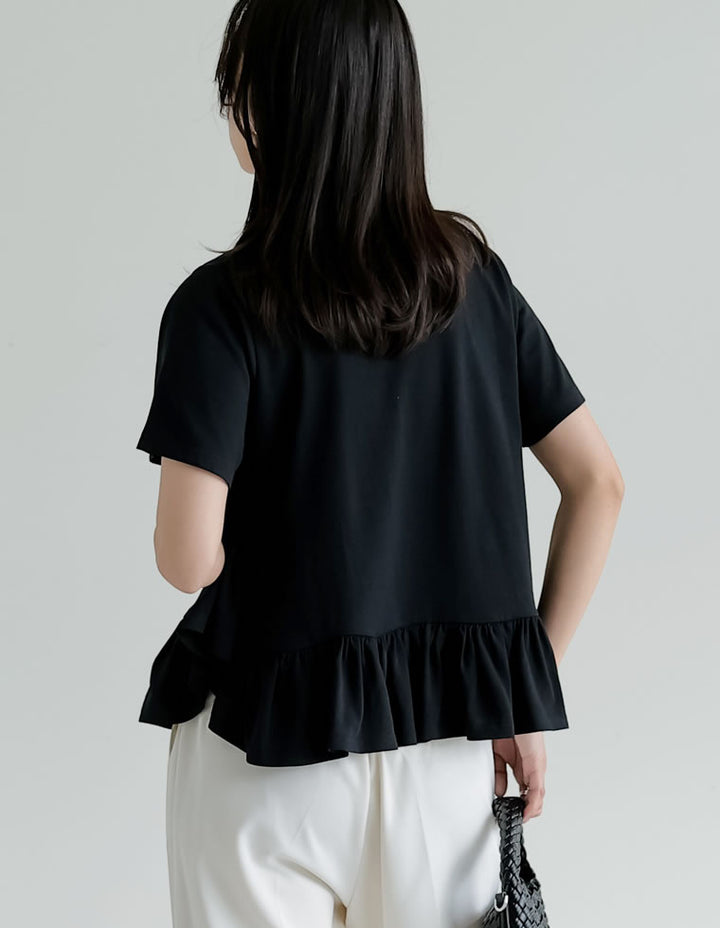 【TIME SALE 10%OFF ¥3,979⇒¥3,581】[接触冷感][UVカット]コットン天竺フリルヘムTシャツ トップス 人気レディースファッション通販 リエディ