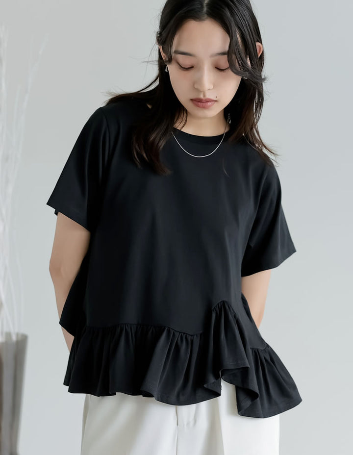 【TIME SALE 10%OFF ¥3,979⇒¥3,581】[接触冷感][UVカット]コットン天竺フリルヘムTシャツ トップス 人気レディースファッション通販 リエディ