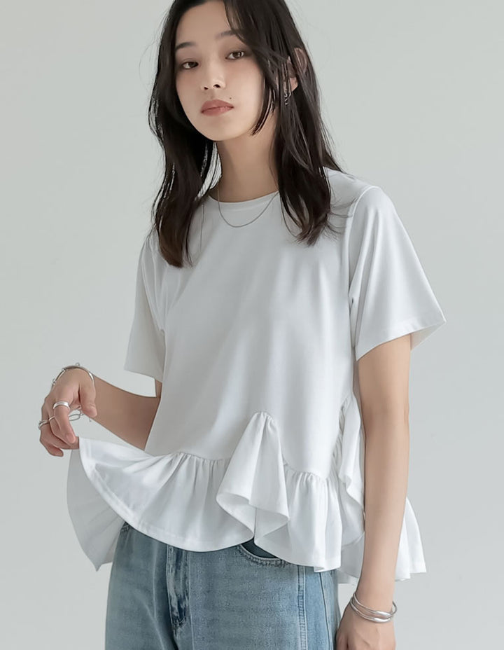 【TIME SALE 10%OFF ¥3,979⇒¥3,581】[接触冷感][UVカット]コットン天竺フリルヘムTシャツ トップス 人気レディースファッション通販 リエディ