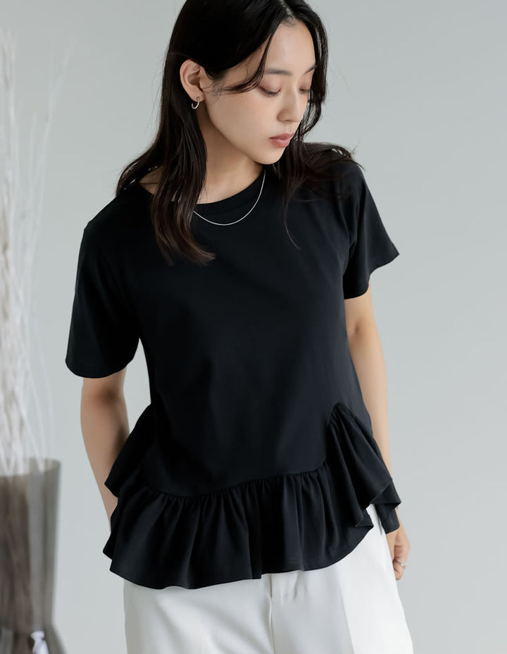 【TIME SALE 10%OFF ¥3,979⇒¥3,581】[接触冷感][UVカット]コットン天竺フリルヘムTシャツ トップス 人気レディースファッション通販 リエディ