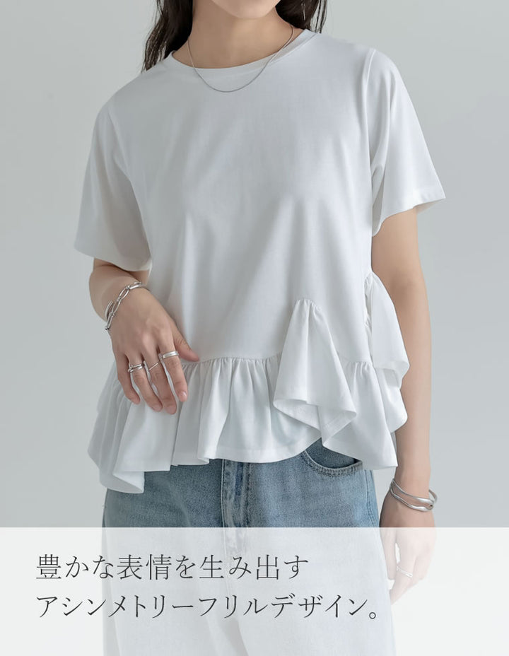 【TIME SALE 10%OFF ¥3,979⇒¥3,581】[接触冷感][UVカット]コットン天竺フリルヘムTシャツ トップス 人気レディースファッション通販 リエディ