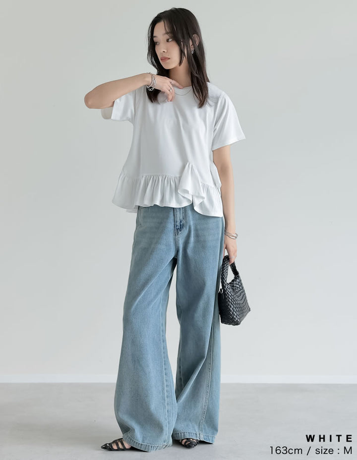 【TIME SALE 10%OFF ¥3,979⇒¥3,581】[接触冷感][UVカット]コットン天竺フリルヘムTシャツ トップス 人気レディースファッション通販 リエディ