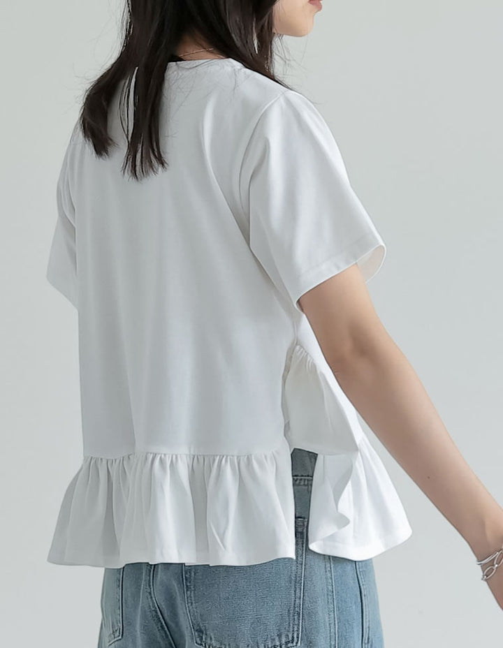 【TIME SALE 10%OFF ¥3,979⇒¥3,581】[接触冷感][UVカット]コットン天竺フリルヘムTシャツ トップス 人気レディースファッション通販 リエディ
