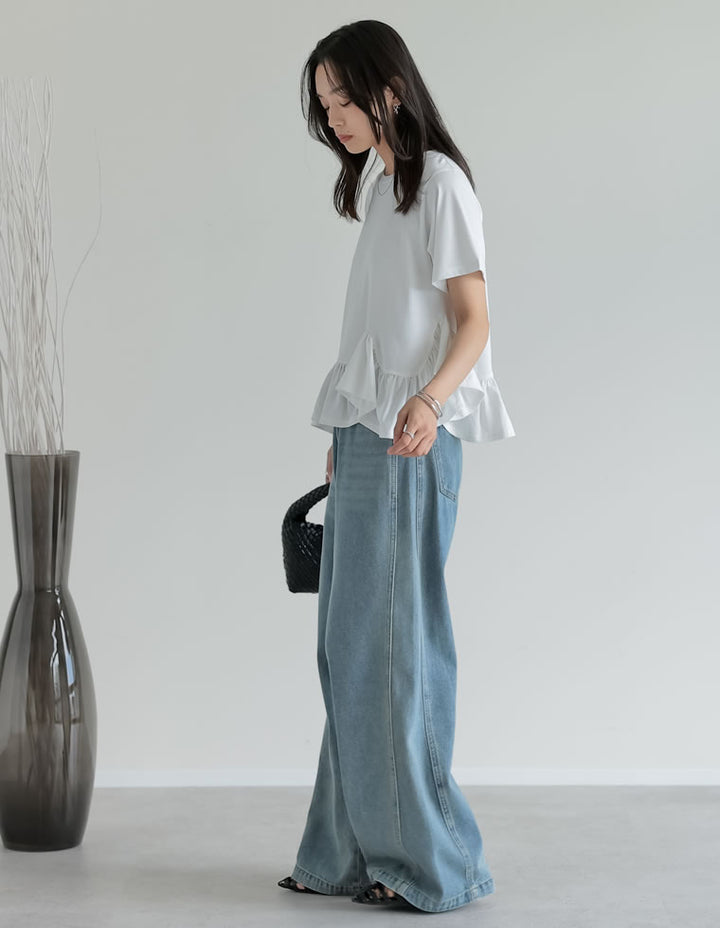 【TIME SALE 10%OFF ¥3,979⇒¥3,581】[接触冷感][UVカット]コットン天竺フリルヘムTシャツ トップス 人気レディースファッション通販 リエディ