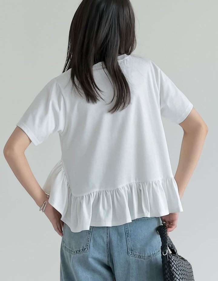【TIME SALE 10%OFF ¥3,979⇒¥3,581】[接触冷感][UVカット]コットン天竺フリルヘムTシャツ トップス 人気レディースファッション通販 リエディ