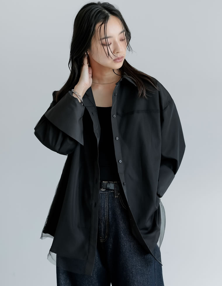 トーテム 長袖シャツ レイヤード風 スキッパー とろみ素材 黒 ゆったり ブロードチュールレイヤーシャツ - トップス通販 | 人気レディース