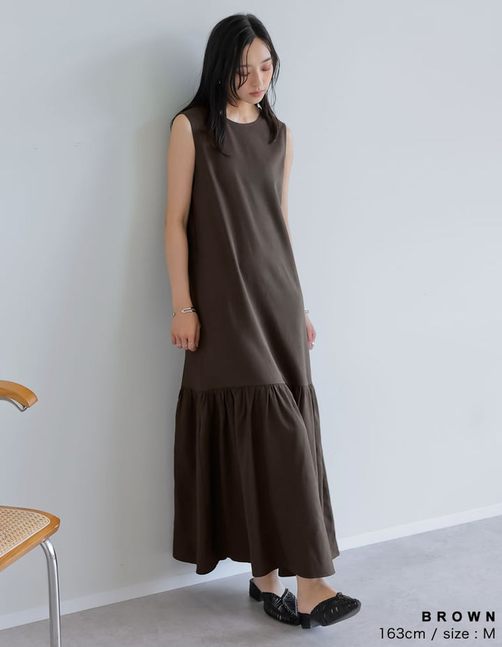 【TIME SALE 10%OFF ¥5,298⇒¥4,768】[低身長サイズ有]リネンライクギャザー切り替えノースリーブワンピース ワンピース 人気レディースファッション通販 リエディ