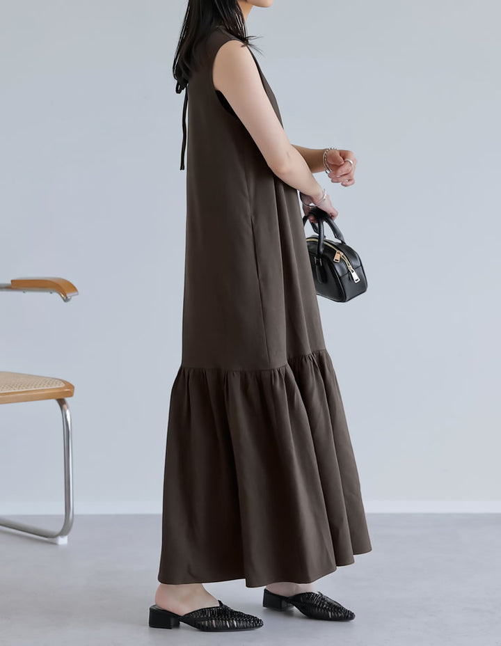 【TIME SALE 10%OFF ¥5,298⇒¥4,768】[低身長サイズ有]リネンライクギャザー切り替えノースリーブワンピース ワンピース 人気レディースファッション通販 リエディ