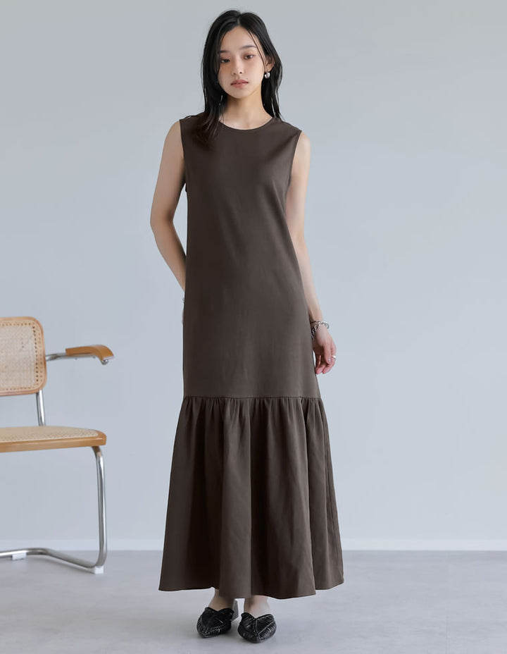 【TIME SALE 10%OFF ¥5,298⇒¥4,768】[低身長サイズ有]リネンライクギャザー切り替えノースリーブワンピース ワンピース 人気レディースファッション通販 リエディ