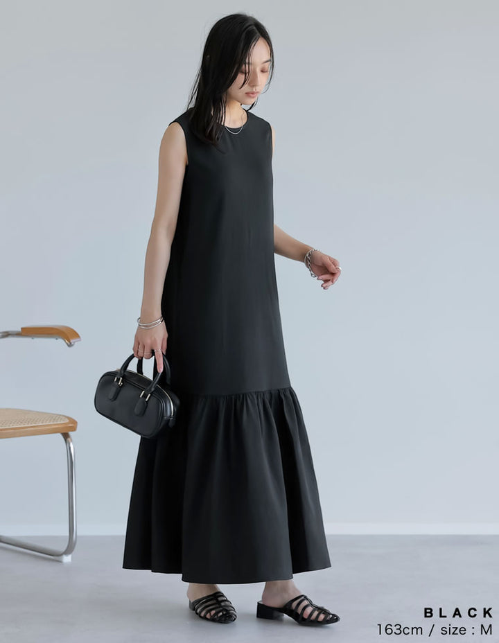 【TIME SALE 10%OFF ¥5,298⇒¥4,768】[低身長サイズ有]リネンライクギャザー切り替えノースリーブワンピース ワンピース 人気レディースファッション通販 リエディ