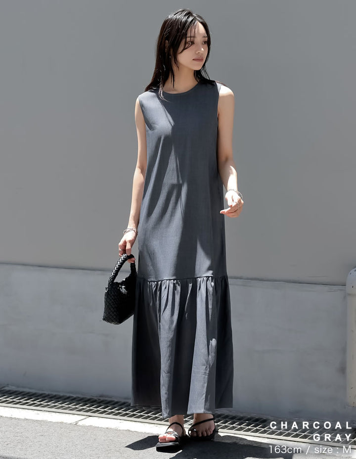 【TIME SALE 10%OFF ¥5,298⇒¥4,768】[低身長サイズ有]リネンライクギャザー切り替えノースリーブワンピース ワンピース 人気レディースファッション通販 リエディ