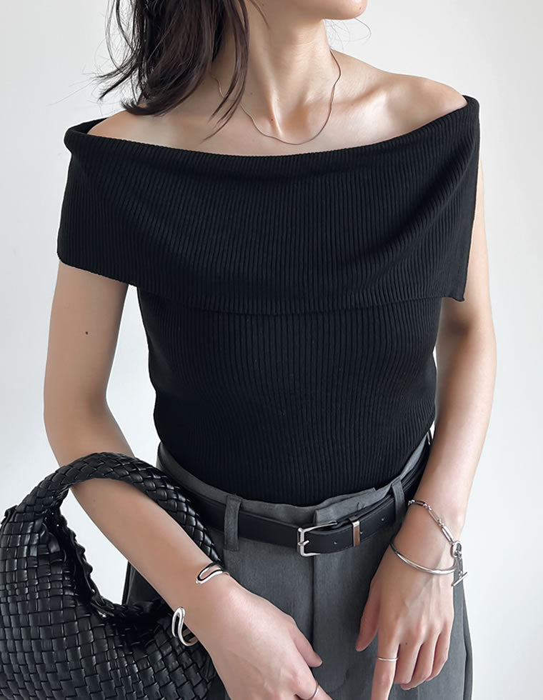 リブニットオフショルダートップス - トップス通販 | 人気レディース