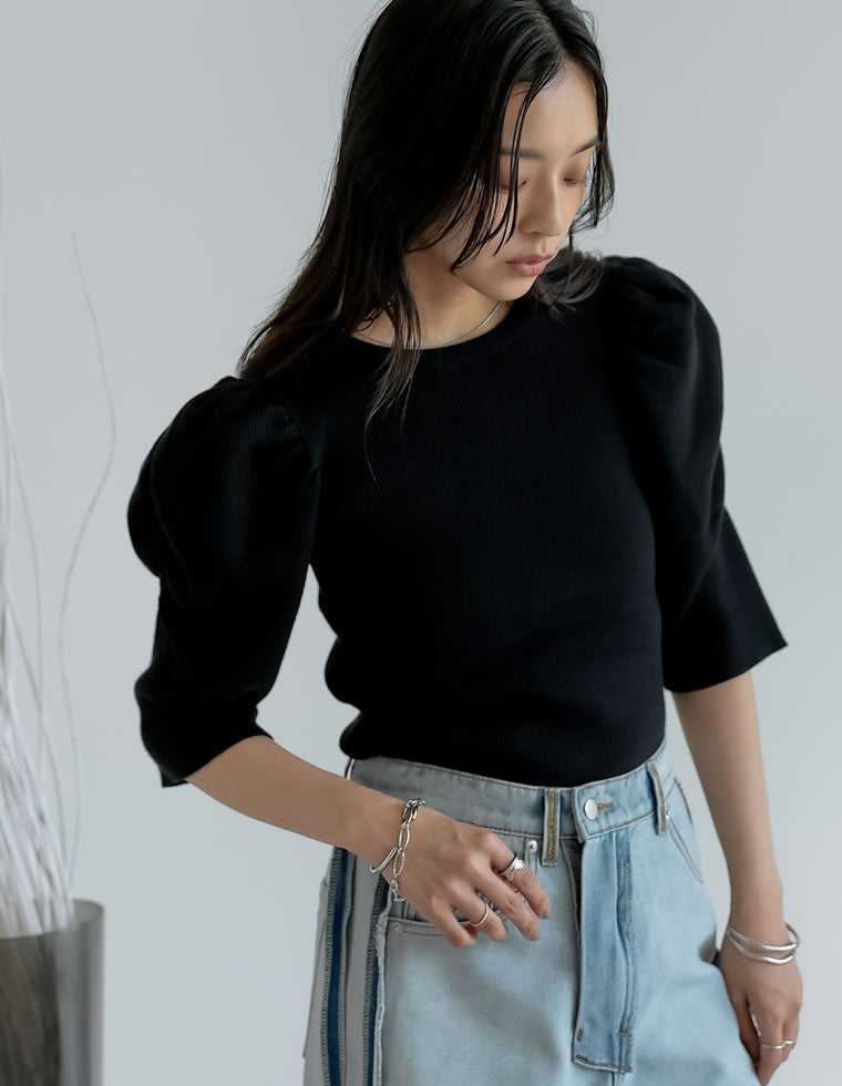 René パフスリーブ半袖トップス 黒 パフスリーブ半袖ニットトップス - トップス通販 | 人気レディース