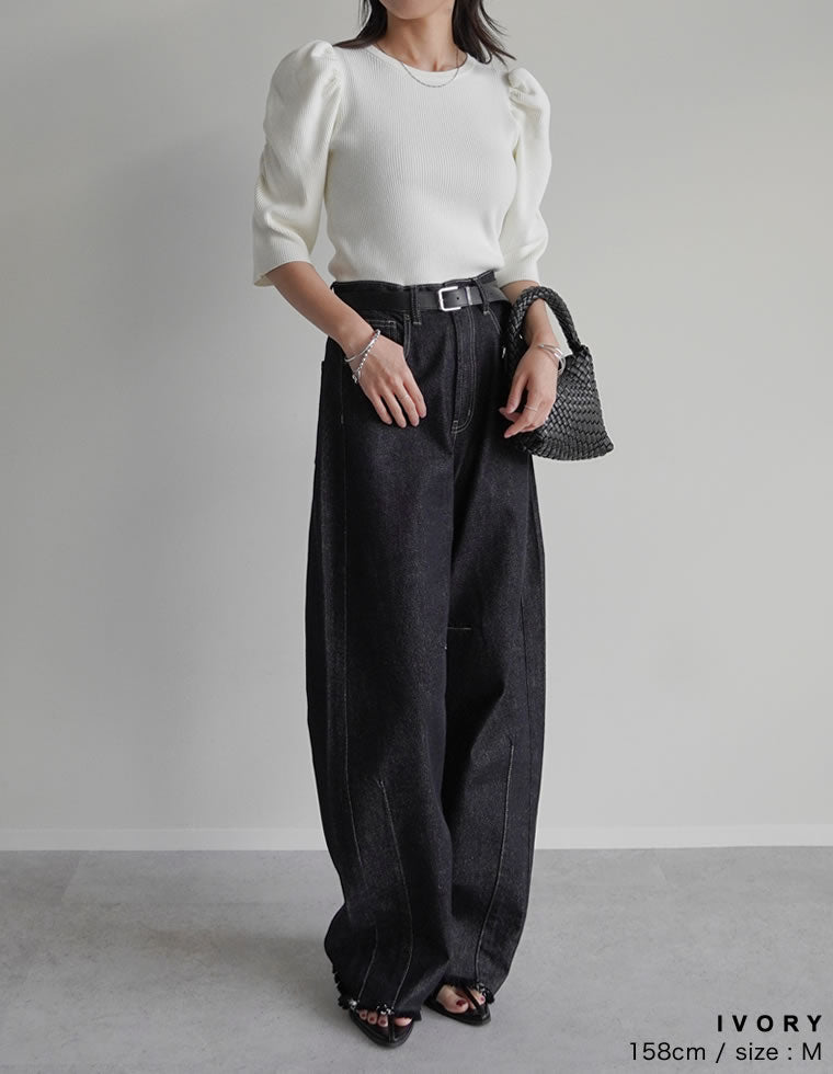 René パフスリーブ半袖トップス 黒 パフスリーブ半袖ニットトップス - トップス通販 | 人気レディース