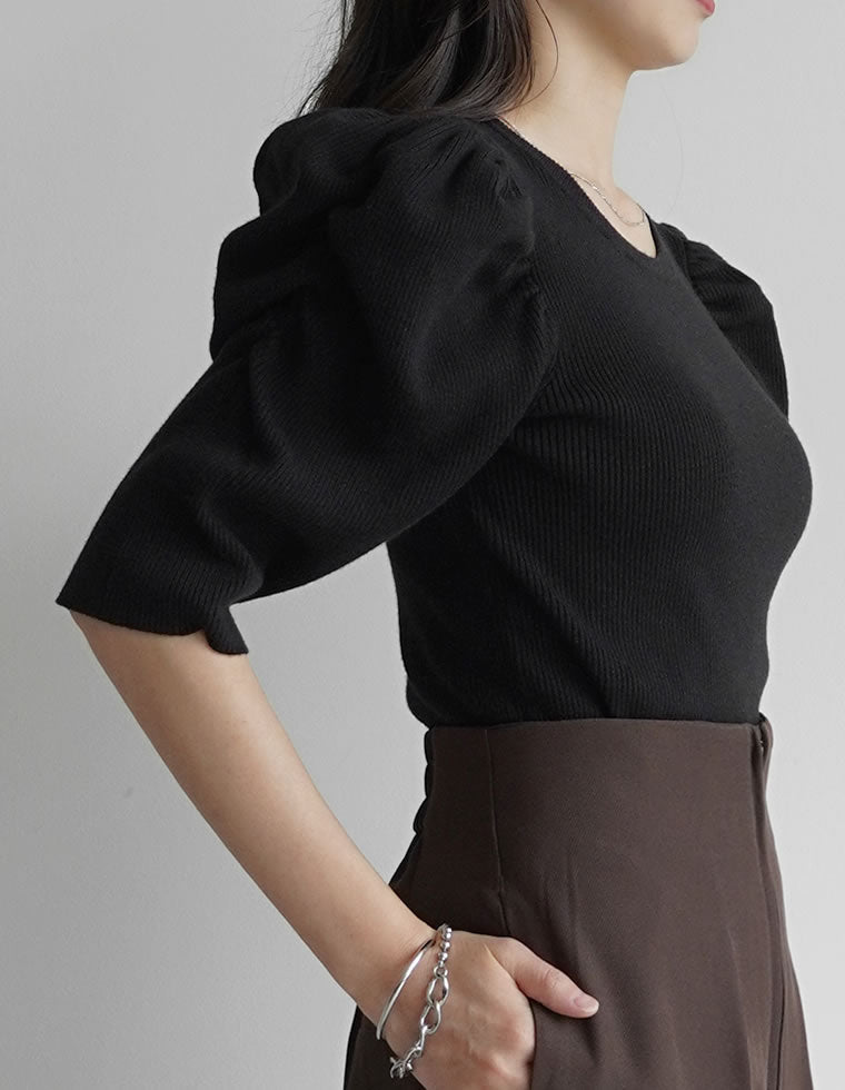 美品✨ダブスタ オリジナルデニムニットトップス ブラック パフスリーブ 36 パフスリーブ半袖ニットトップス - トップス通販 | 人気レディース