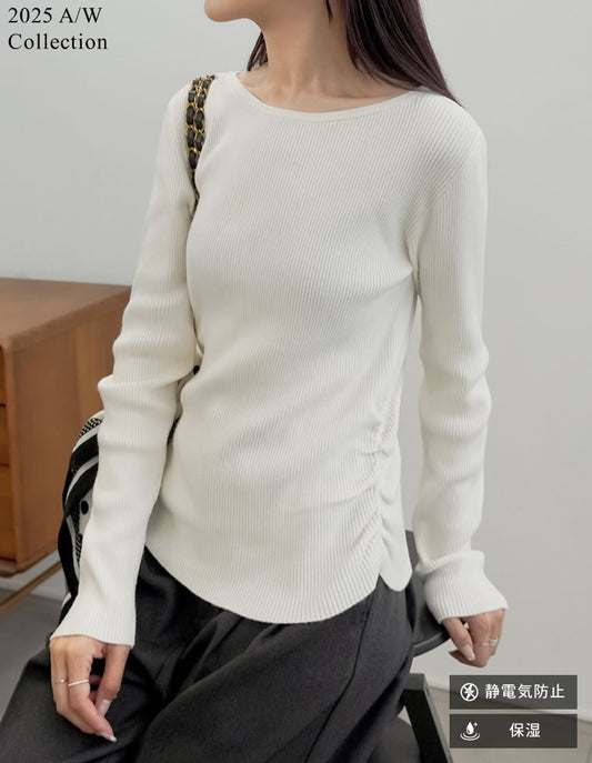 【クーポンで20%OFF￥3,747⇒￥2,997】〖クーポンコード：SH_20_2511〗[2025AW COLLECTION][保湿][静電気防止]クルーネックサイドシャーリングリブニットトップス